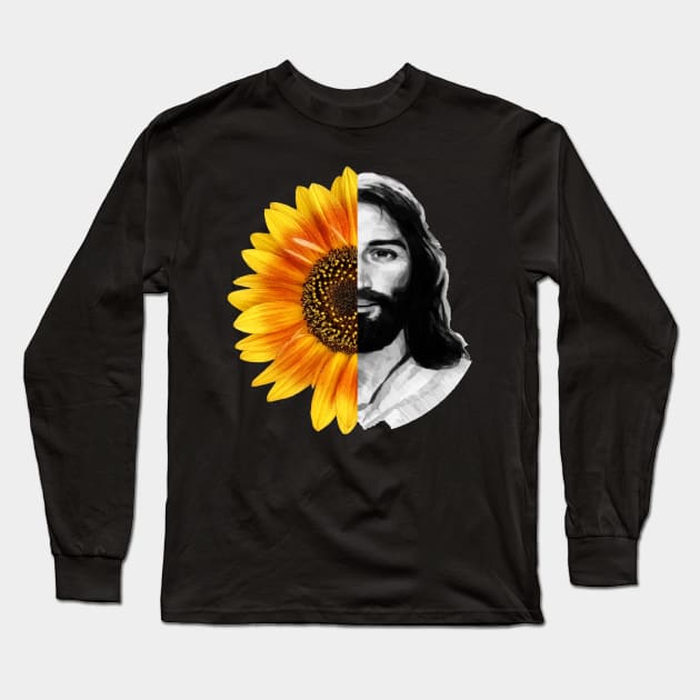 Jesus Christ Sunflower Christian God Faith Flower Long Sleeve T-Shirt by Maxx Exchange